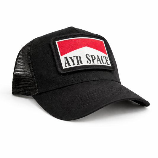 Black trucker cap with a red and white logo on a white background
