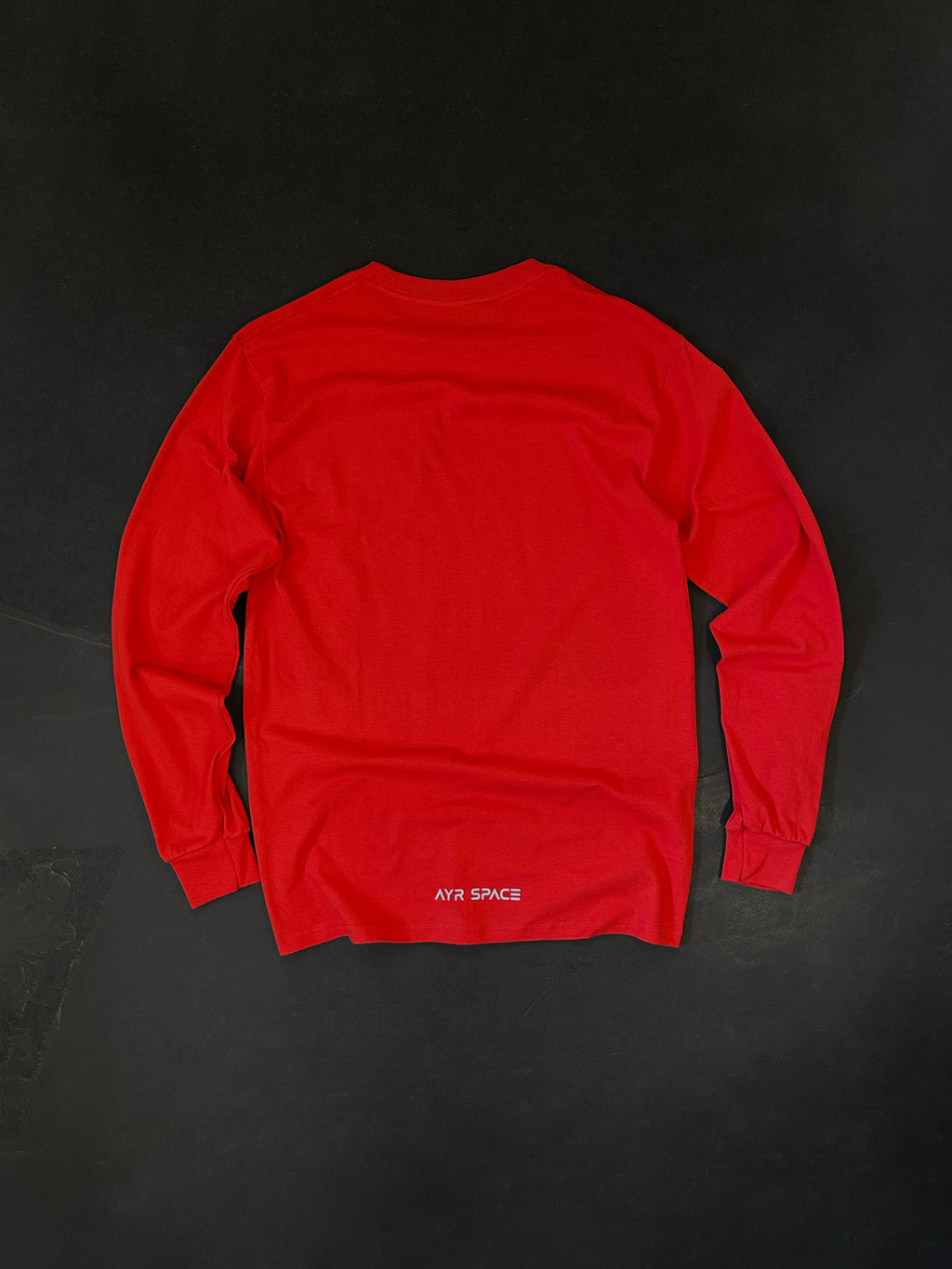 Back of the Sea Lions Long Sleeve in Away Red, laid flat, with a small white AYR SPACE wordmark at the lower back