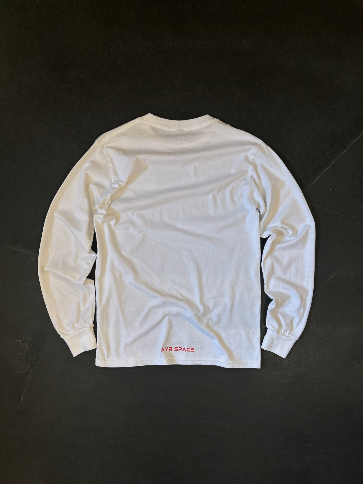 Back of the Sea Lions Long Sleeve in Home White, laid flat, with a small red AYR SPACE wordmark at the lower back