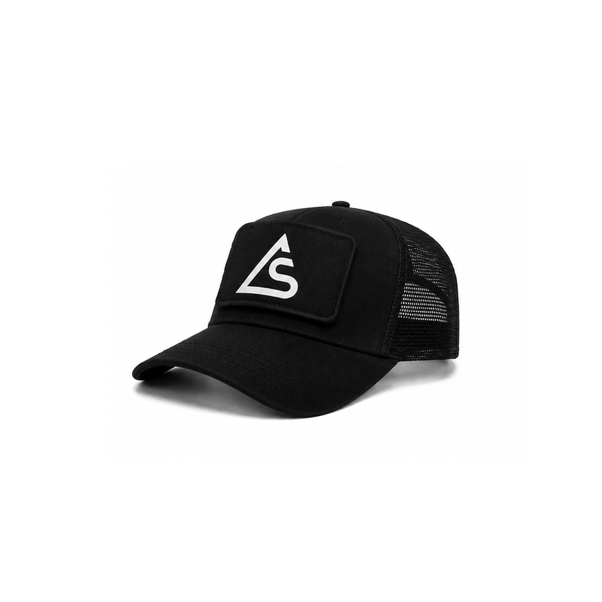 Black trucker cap 3/4 view with AYR SPACE brand logo on a removable velcro patch, shot on a white background.