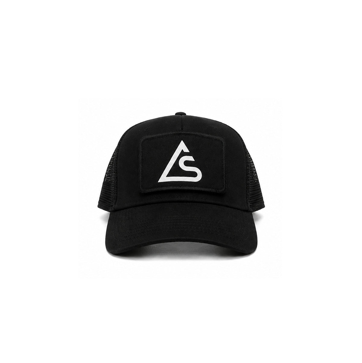 Black trucker cap with AYR SPACE brand logo on a removable velcro patch, shot on a white background.