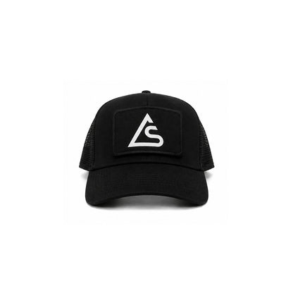 Black trucker cap with AYR SPACE brand logo on a removable velcro patch, shot on a white background.