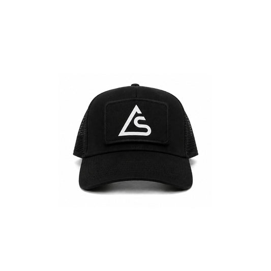 Black trucker cap with AYR SPACE brand logo on a removable velcro patch, shot on a white background.