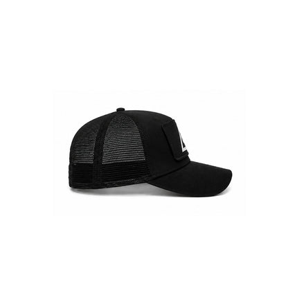 Black trucker cap side view with AYR SPACE brand logo on a removable velcro patch, shot on a white background.