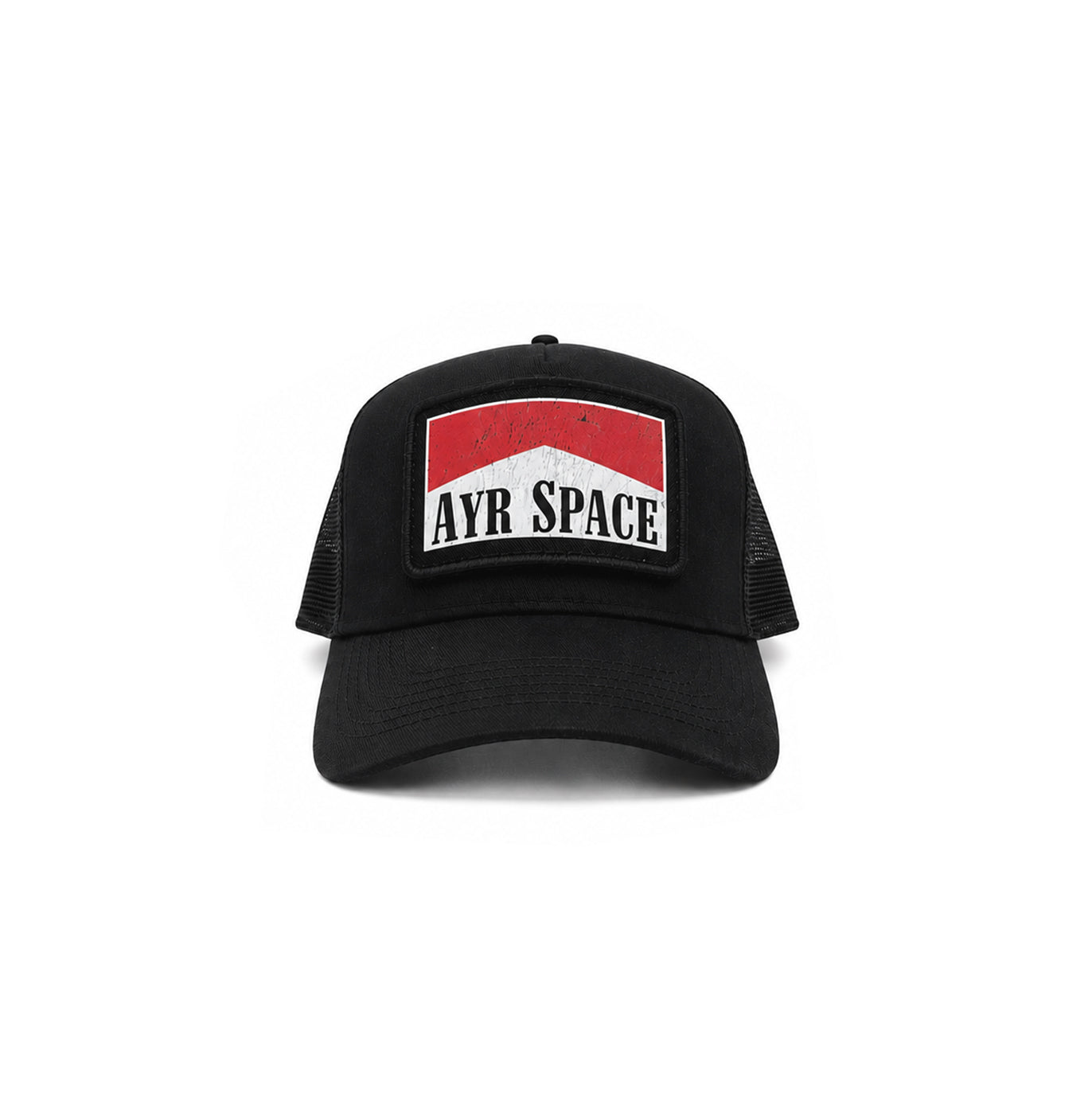 A black trucker hat with a front patch featuring a red and white design and the text 'AYR SPACE' in black, shown against a plain white background.