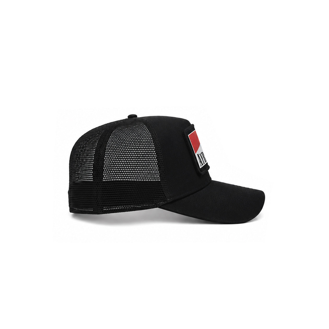 A black trucker-style cap side view with a curved brim, black mesh back, and a front patch reading 'AYR SPACE' over a red and white graphic, shown on a clean white background.
