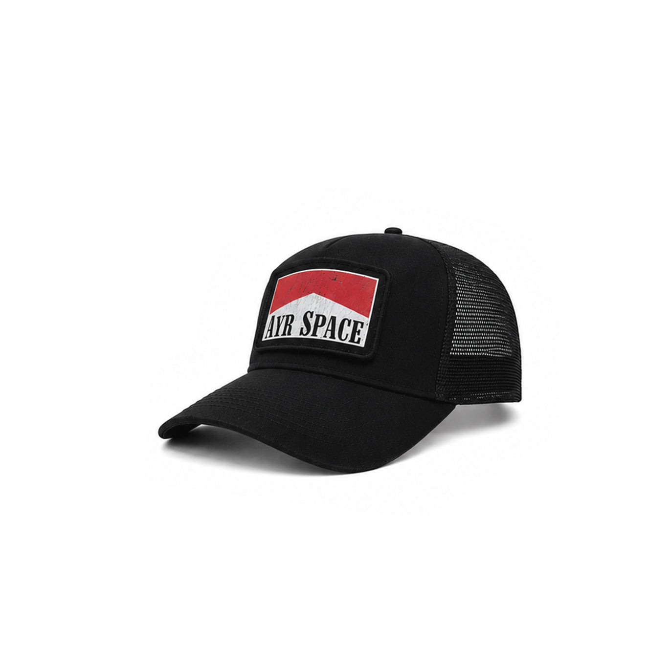 A black trucker-style cap with a curved brim, black mesh back, and a front patch reading 'AYR SPACE' over a red and white graphic, shown on a clean white background.