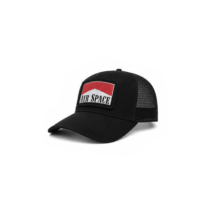 A black trucker-style cap with a curved brim, black mesh back, and a front patch reading 'AYR SPACE' over a red and white graphic, shown on a clean white background.