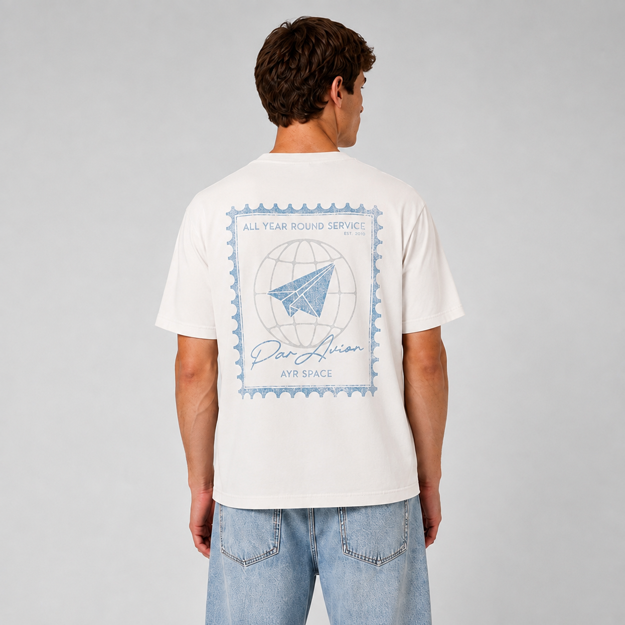 Par Avion T-Shirt in off white, back view, full length