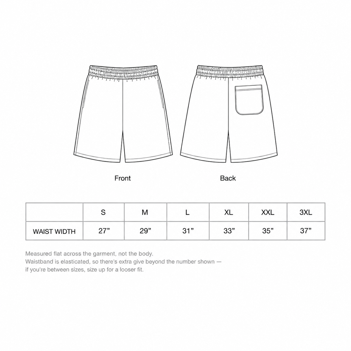 Ayr Space jogger shorts size guide: front and back line drawing with a waist width chart from S to 3XL