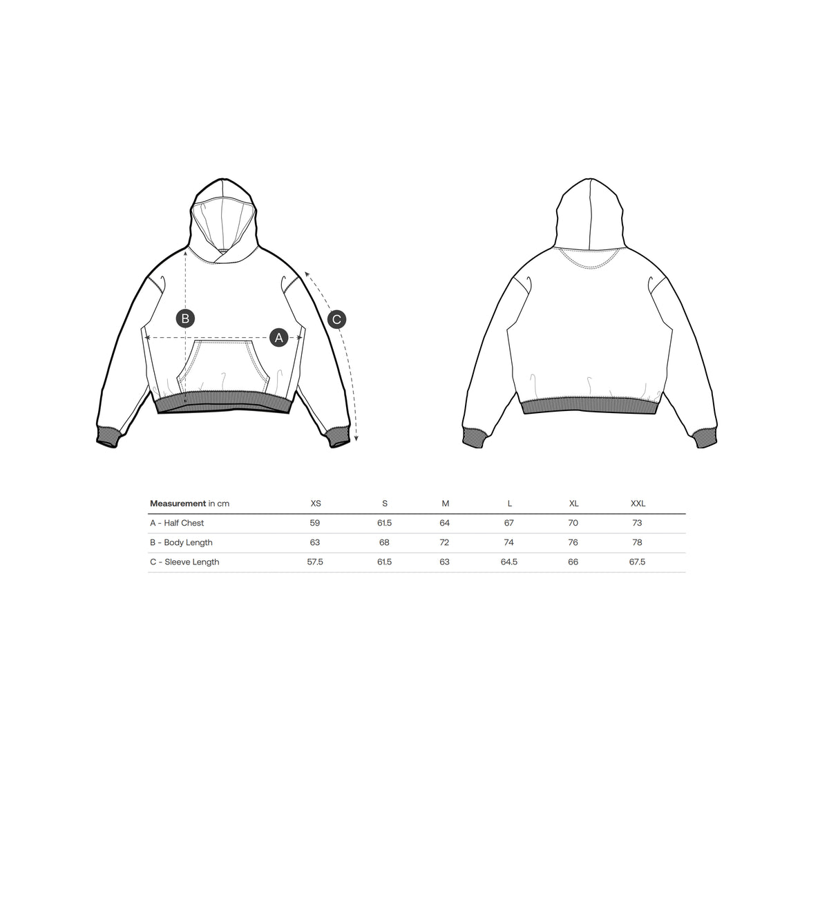 Ayr Space logo hoodie in jet black size chart and measurements